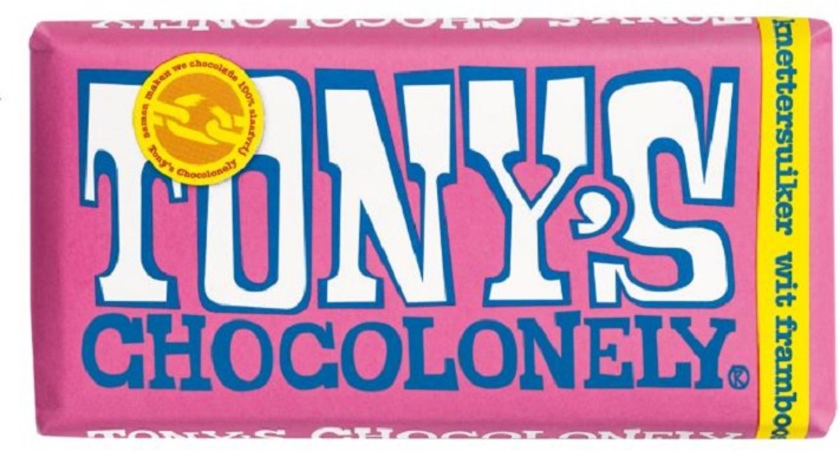 Tonys Chocolonely reep Wit Framboos Knettersuiker - 15 x 180 gram